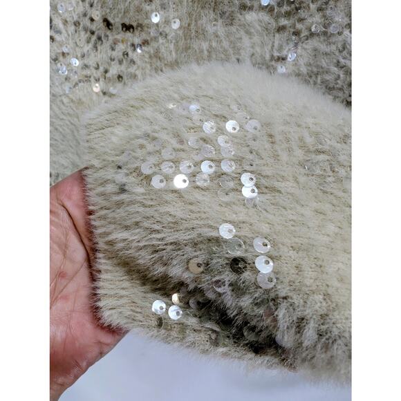 Soft Beige Sequin Knit Sweater Women’s Small Unbranded Cozy Textured Pullover - Picture 7 of 10